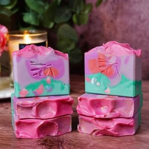 2 HANDMADE GREEN PINK ARTISAN SOAP BARS: FIESTA
